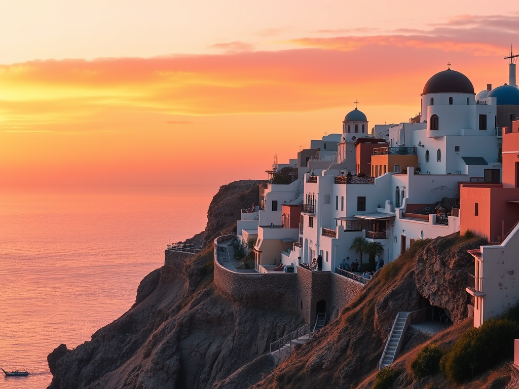 sunset behind cliff of santorini
