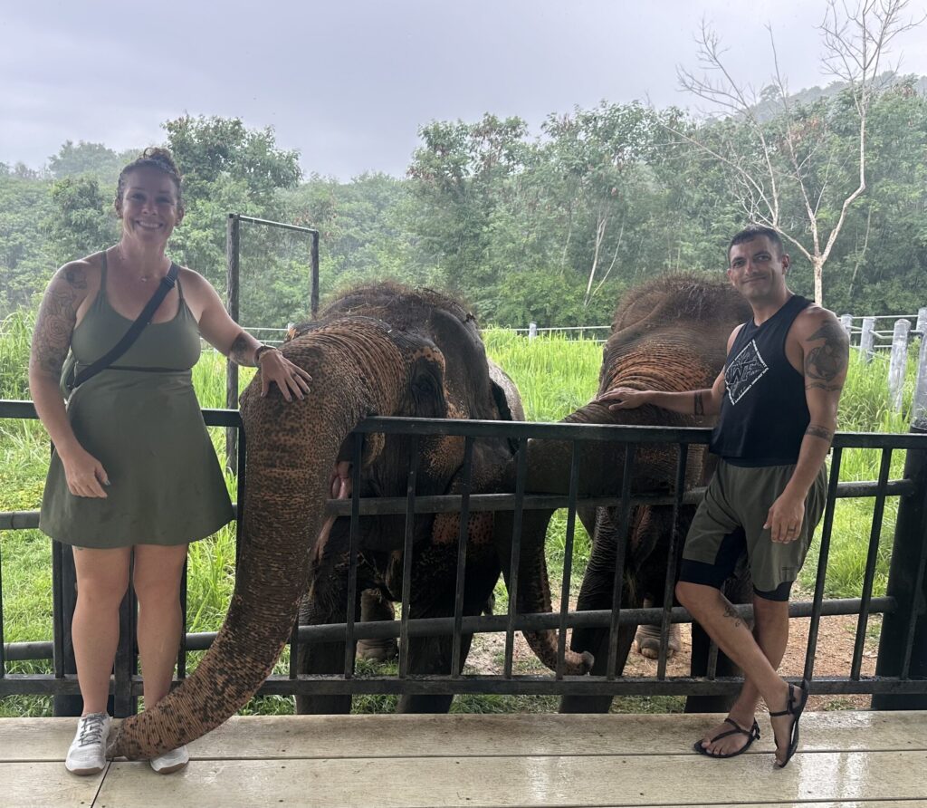 2 Asian elephants stand next to us and sniff us with their trunks