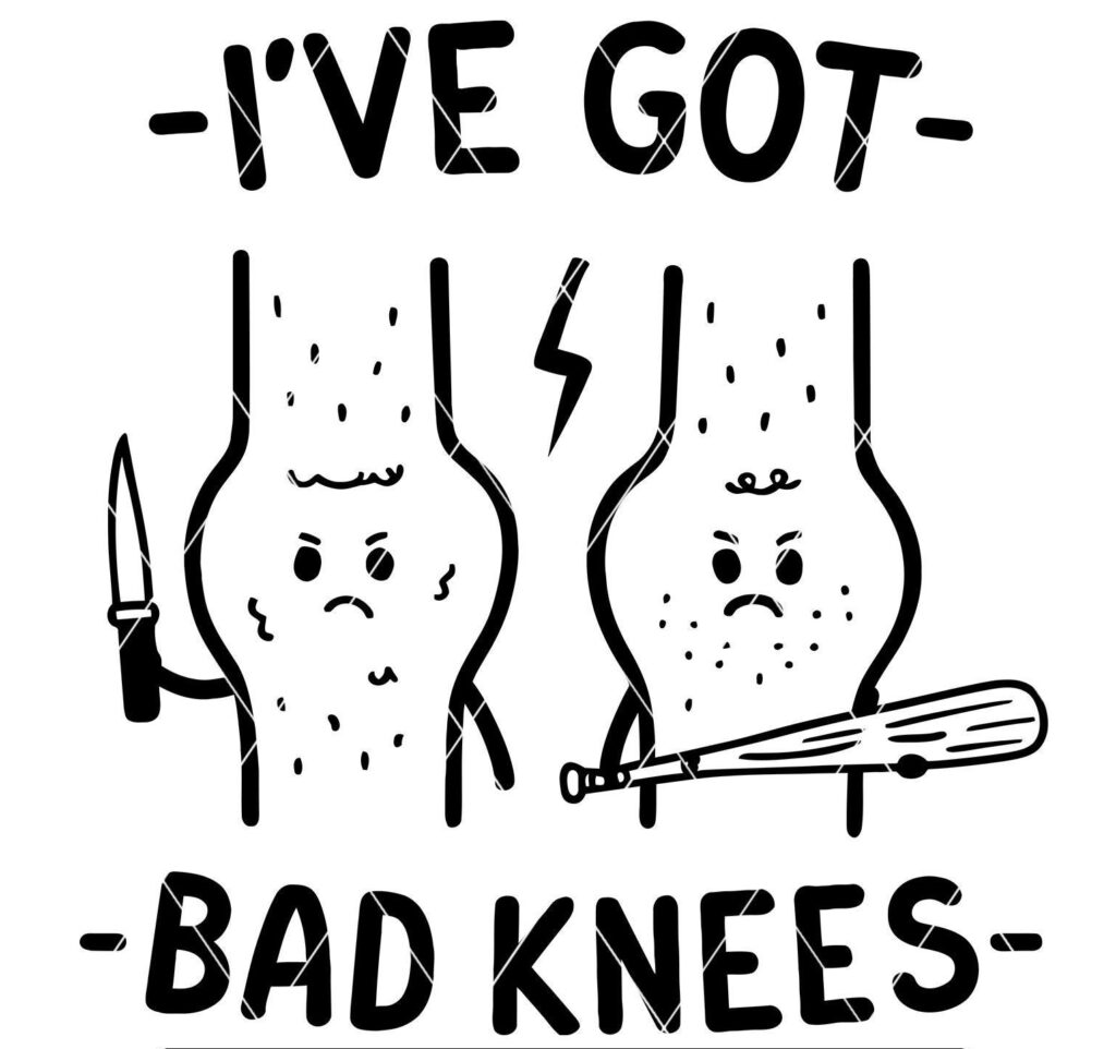 Two badass knees with mean faces holding weapons