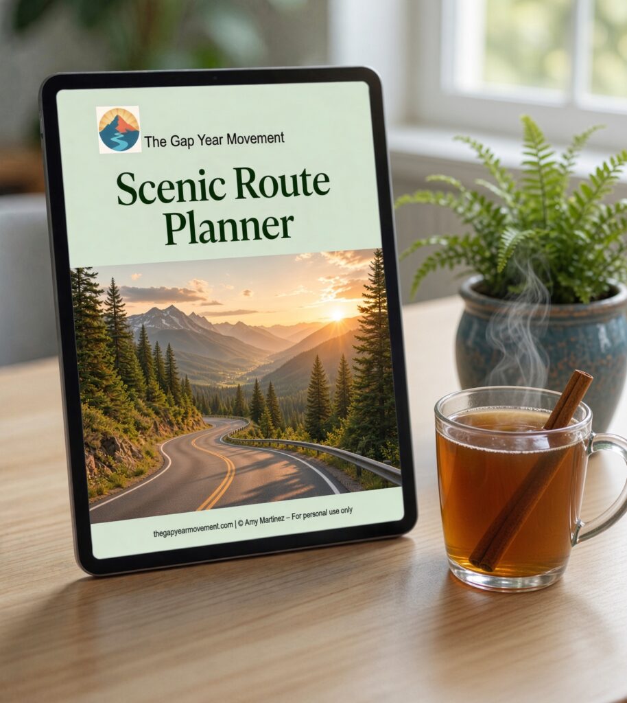 The Scenic Route Planner on a tablet beside a cup of tea