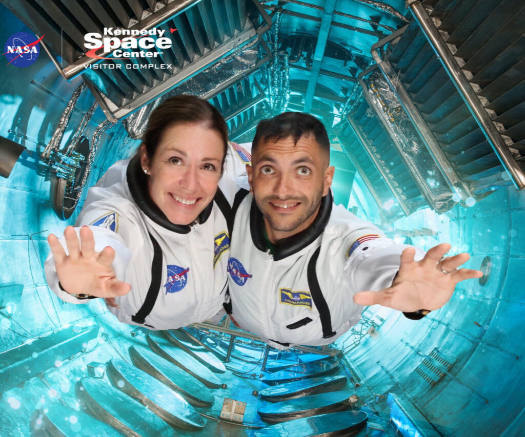 Amy and Mason in astronaut suits at Kennedy Space Center
