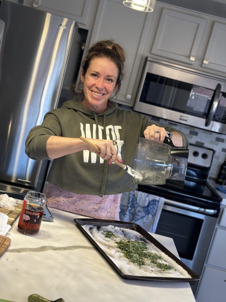 Amy cooking in her kitchen on a slow weekday